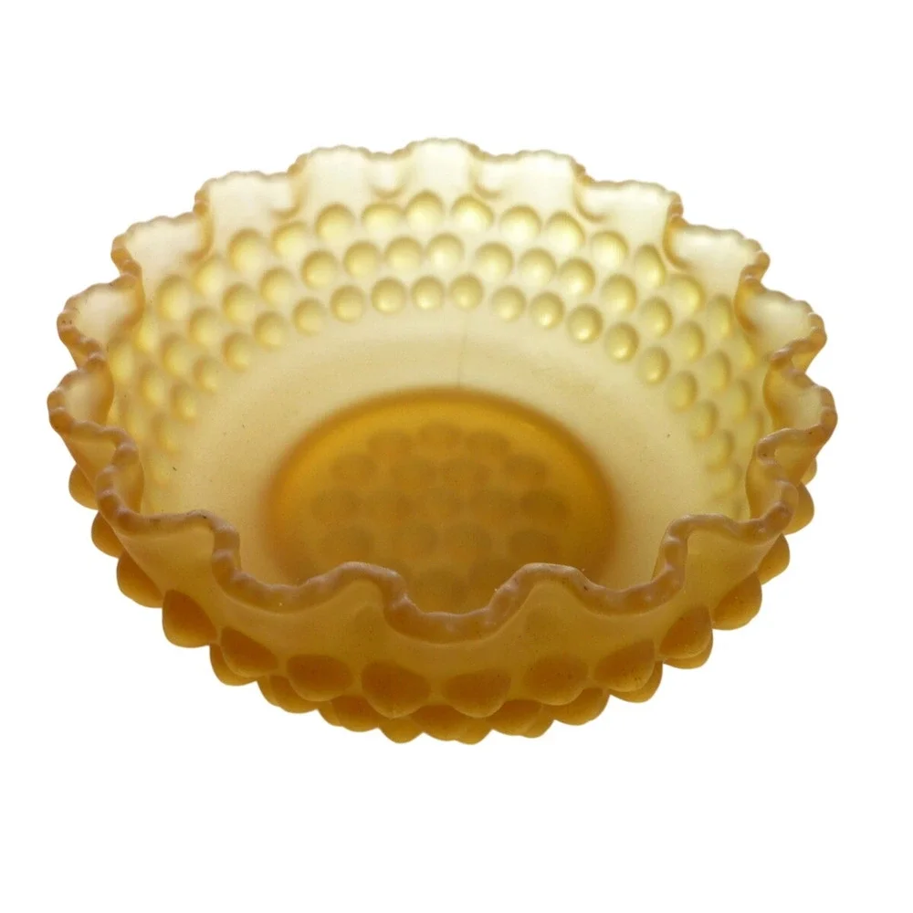 Vintage Frosted Hobnail Glass Bowl Amber Crested Ruffled Satin Yellow Candy Dish